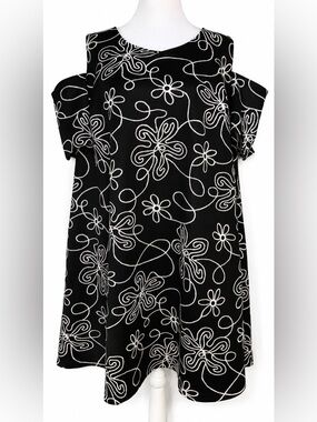 NWT Robbie Bee Cold Shoulder Floral Swirl Shift Dress 2X Black Ivory